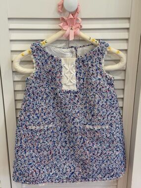Janie and Jack Girls Tweed A-Line Dress with Lace-Up Detail in Blue & White